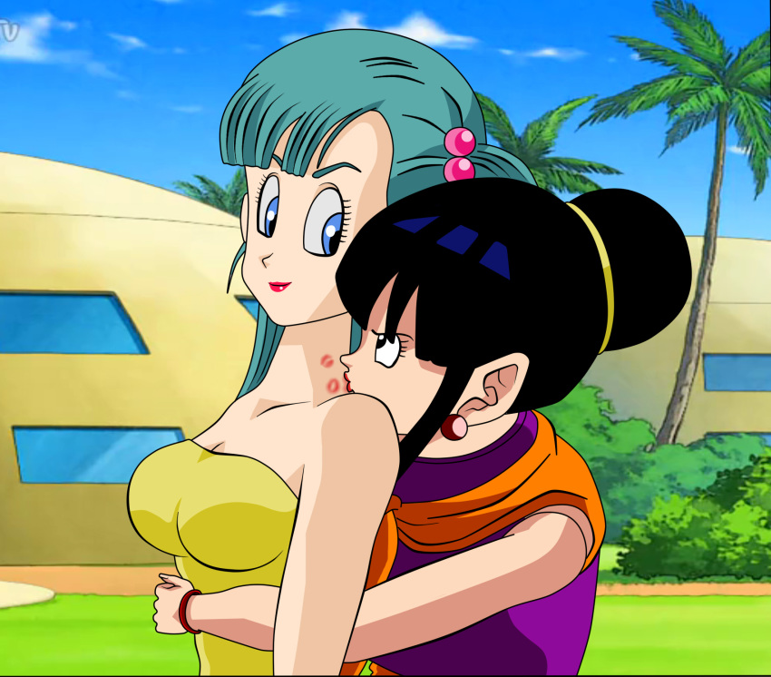 2girls aqua_hair art bare_shoulders black_eyes black_hair blue_eyes bracelet breasts bulma_briefs cheating_wife chichi cleavage closed_mouth dicasty dragon_ball dragon_ball_(classic) dragon_ball_z duo earrings eye_contact female female_only hair_bobbles hair_bun hug hug_from_behind human jewelry kissing large_breasts lips lipstick lipstick_mark lipstick_on_neck long_hair looking_at_another looking_back makeup milf multiple_girls mutual_yuri naughty_face neck neck_kiss outdoors red_lipstick short_hair side_ponytail sleeveless smile standing strapless teenage_girl teenager time_paradox tubetop upper_body yellow_tubetop yuri