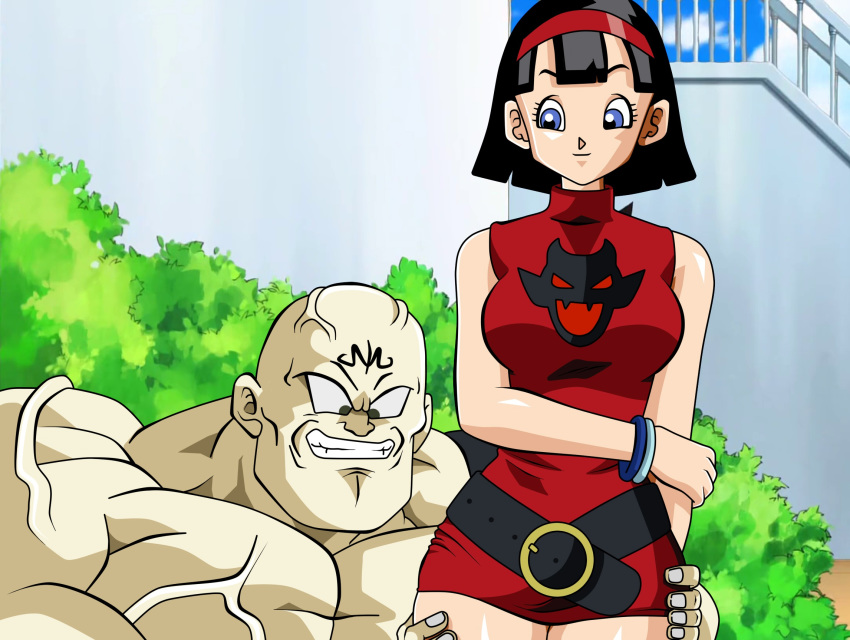 1boy 1girls black_belt black_hair blue_eyes cowboy_shot dicasty dragon_ball dragon_ball_super dragon_ball_z female hetero male medium_breasts milf muscular_male outdoors short_dress short_hair spopovich tagme videl