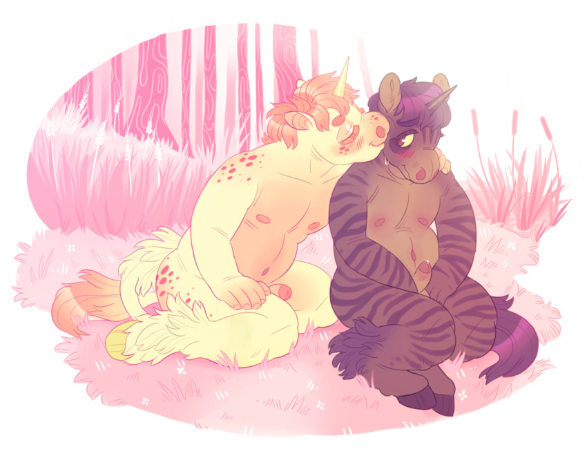 anthro blush cute digitigrade duo equine erection eyelashes freckles fur furry grass hair hooves horn invalid_tag kissing male male_only mammal mcmadmissile nature nude penis pink_fur precum purple_fur sitting slightly_chubby stripes unicorn