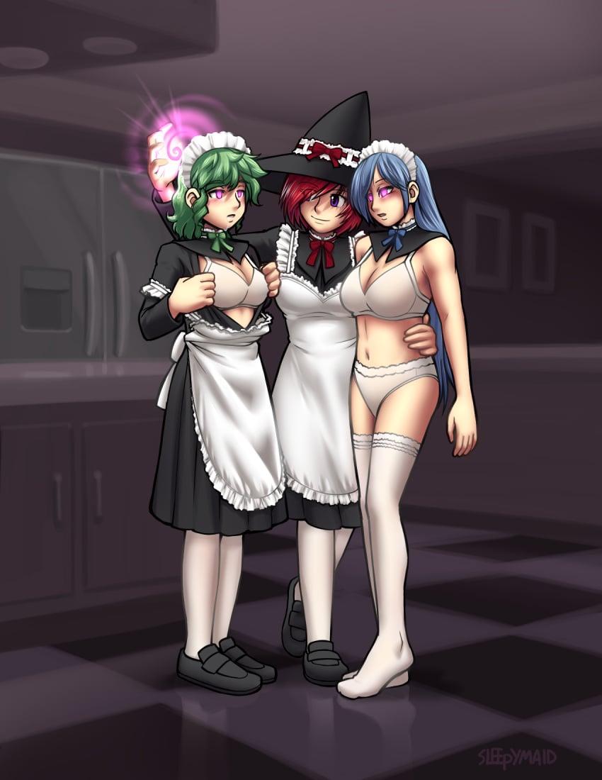 3girls bra female femdom femsub hypnosis kitchen maid maid_headdress maid_outfit mind_control multiple_girls multiple_subs panties sleepymaid stockings undressing witch witch_hat yuri