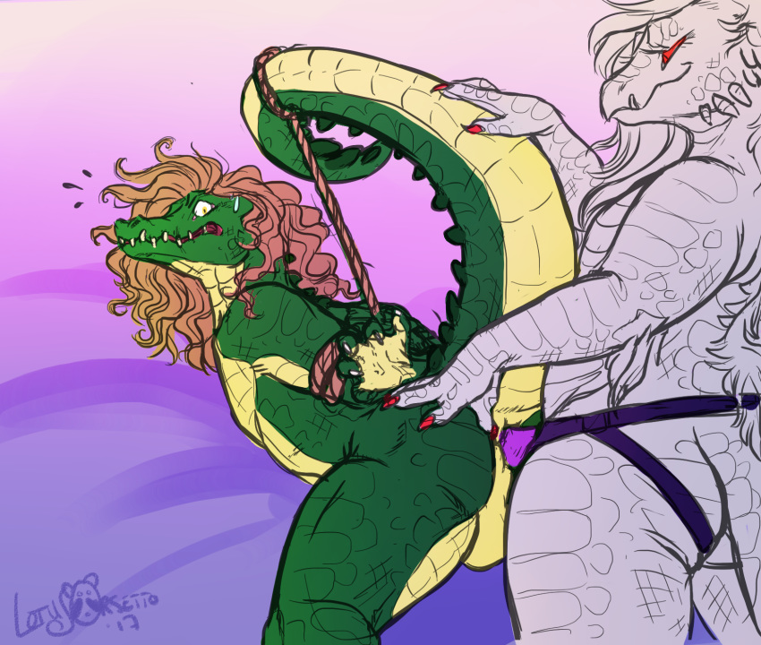 anal anal_sex anus arms_behind_back balls bedroom_eyes bondage bound crocodile crocodilian dildo domination dragon duo female femdom forced hair half-closed_eyes long_hair lotusaur male pegging penetration reptile rope scalie seductive sex_toy strapon tail_bondage tick_tock zephy