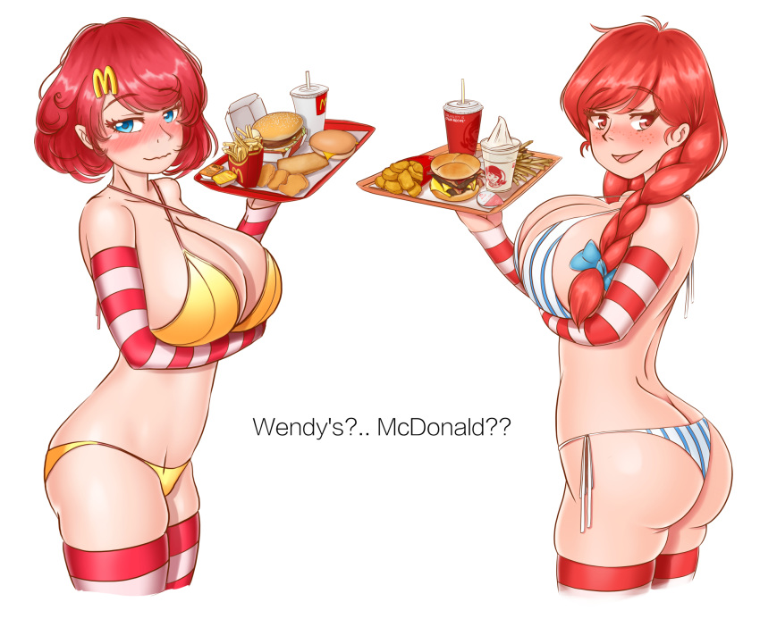 2girls ass ass_cleavage bikini bimbo blue_eyes breasts burger butt_crack cleavage dat_ass female_only food freckles holding holding_food holding_object mascot mcdonald's multiple_girls pixeycube1987 red_eyes red_hair rule_63 voluptuous wendy's wendy_thomas