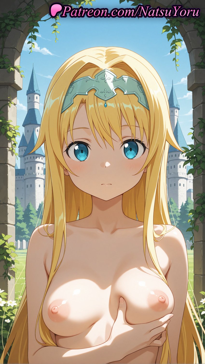 1girls 2025 ai ai_assisted ai_generated alice_schuberg alice_synthesis_thirty anime anime_style bangs blonde_hair blue_eyes blue_sky blush breasts breasts_apart bust busty castle closed_mouth cloud collarbone completely_nude day female female_focus female_only female_solo grabbing_own_breast hair_intakes hairband hentai hi_res high_quality high_resolution highres long_hair looking_at_viewer medium_breasts natsuyoru nipples nipples_outside nude nude_female outdoors patreon sky solo solo_female stable_diffusion sword_art_online sword_art_online_alicization uncensored_nipples upper_body very_long_hair vines voluptuous voluptuous_female