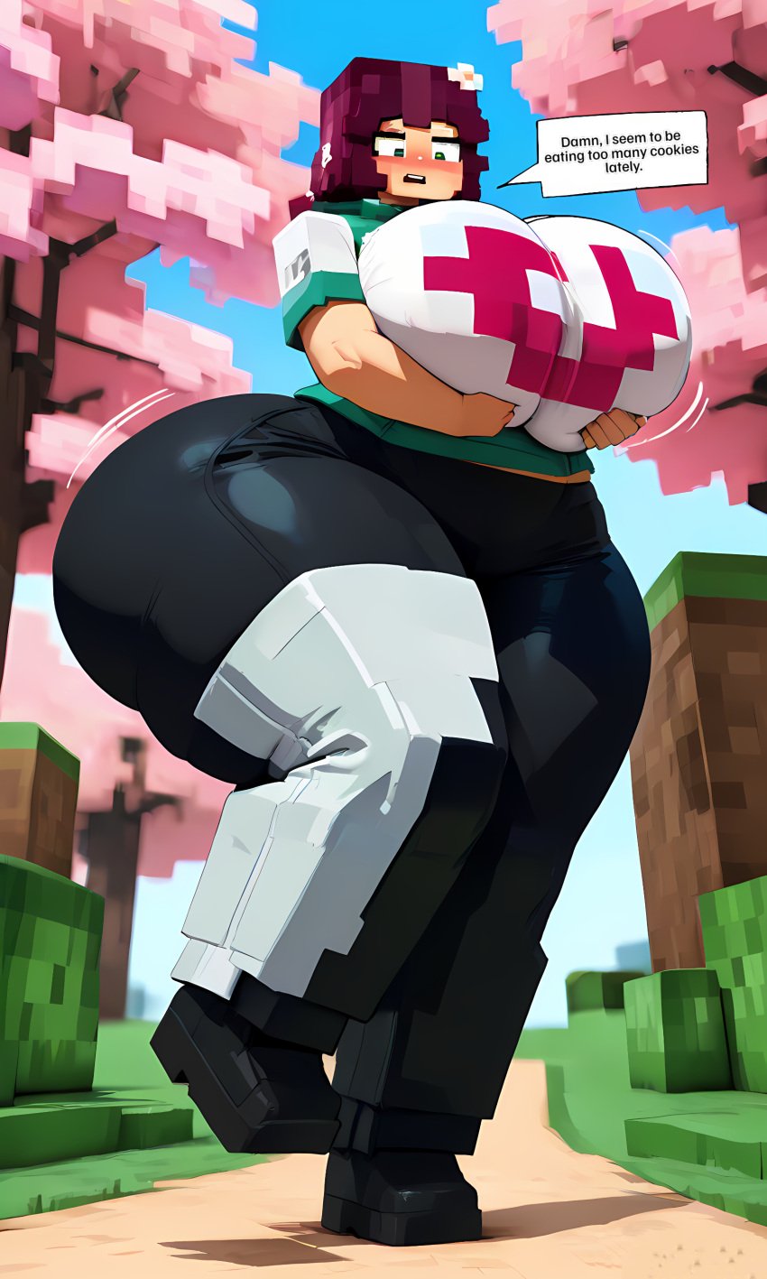 ai_generated big_ass big_breasts black_jeans flushed grabbing_breasts green_eyes huge_ass huge_breasts lalass minecraft purple_hair thick_thighs