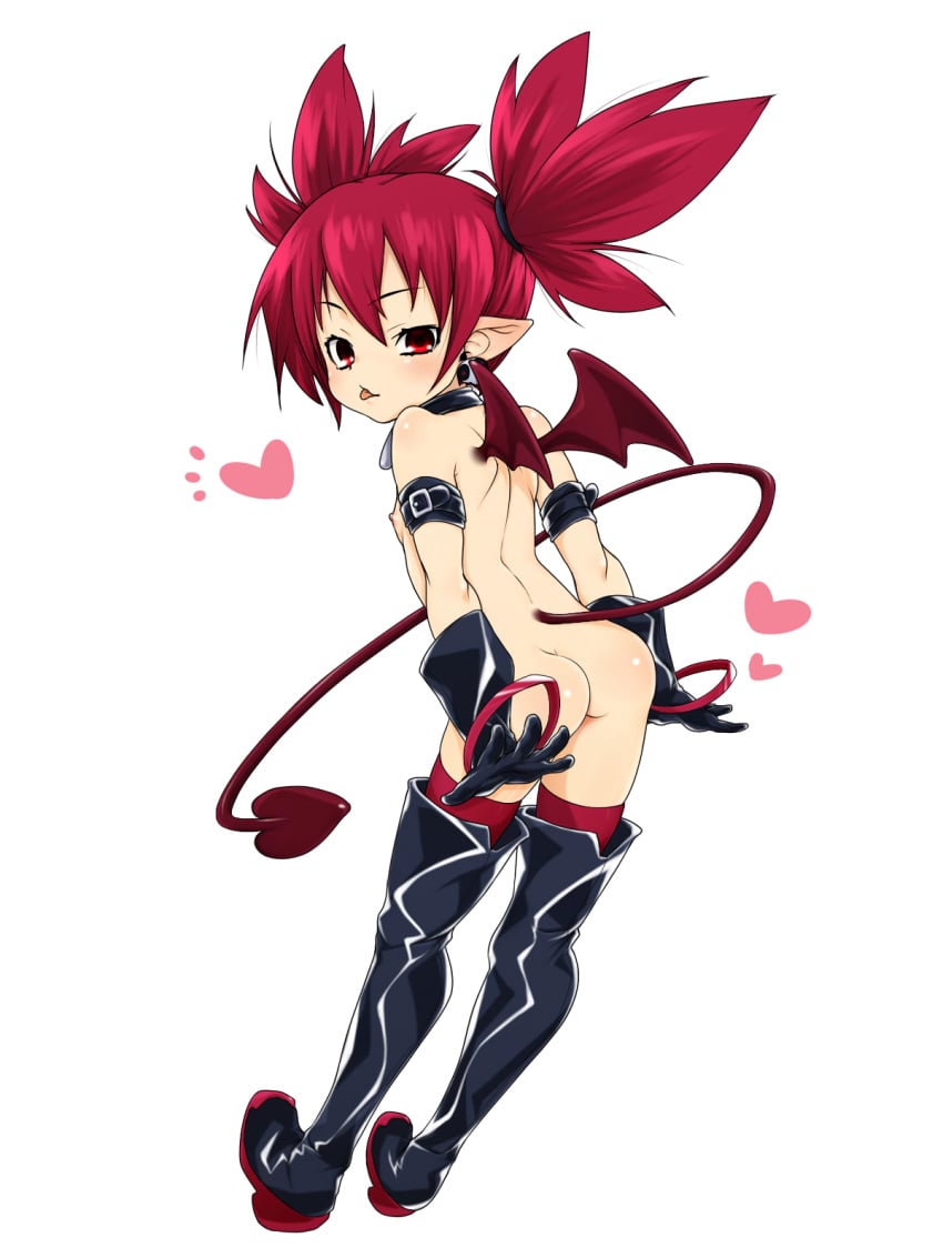 :p arm_strap ass bat_wings black_gloves black_legwear boots bracelet choker demon_girl demon_tail demon_wings disgaea disgaea_1 earrings etna female flat_chest full_body gloves heart highres jewelry looking_at_viewer looking_back mini_wings nipples nippon_ichi_software nude pointy_ears red_eyes red_hair shiny shiny_clothes simple_background skull skull_earrings solo tail thigh_boots thighhighs tied_hair tongue tongue_out twintails white_background wings