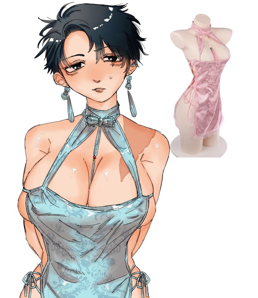big_breasts black_hair china_dress chinese_clothes cleavage earrings facial_scar female female_only gegege_no_kitarou genderswap_(mtf) kitarou_tanjou_gegege_no_nazo looking_at_viewer mizuki_(gegege_no_kitarou) revealing_clothes rule_63 scar scar_across_eye scar_on_face scars short_hair solo tapoemon very_short_hair