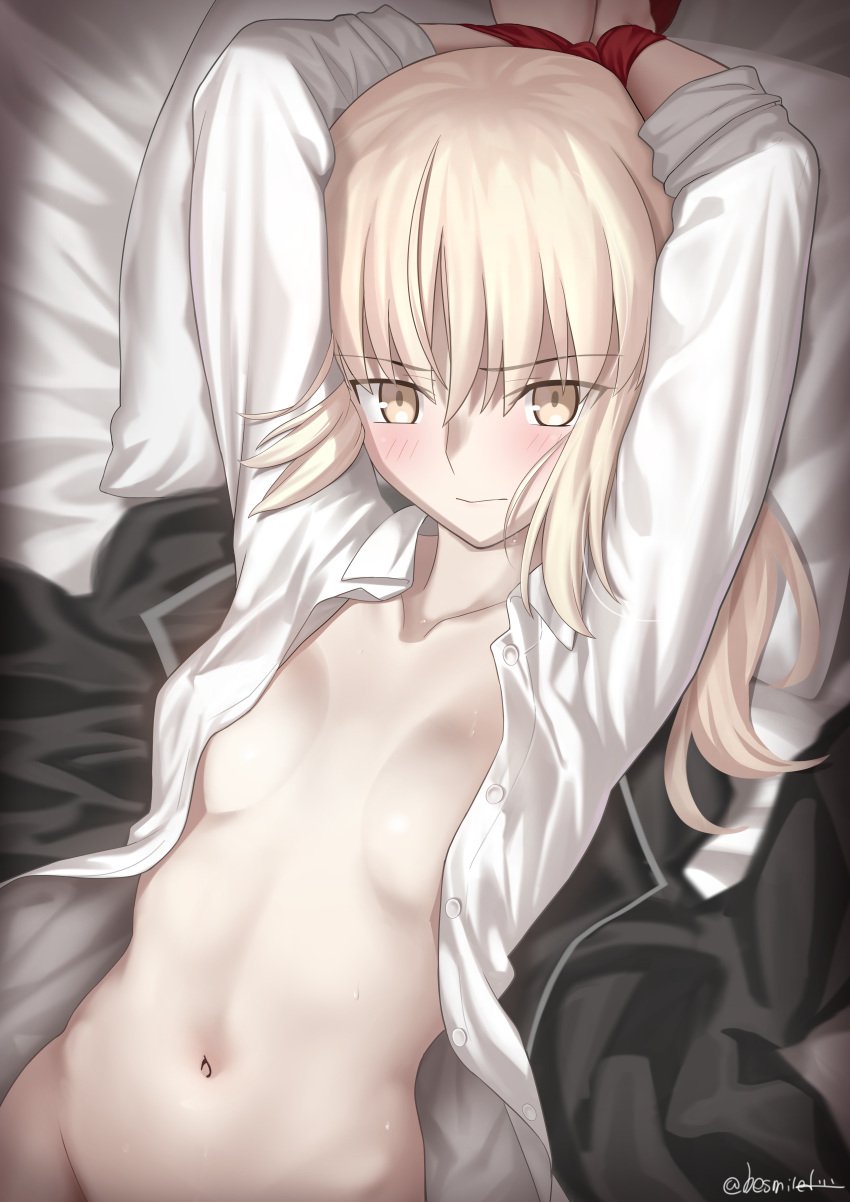 1girls absurdres arms_up artoria_pendragon_(fate) besmiled blonde_hair bound bound_wrists breasts collarbone commentary fate/grand_order fate_(series) female groin highres light-skinned_female light_skin long_sleeves looking_at_viewer lying medium_breasts medium_hair navel no_bra on_back open_clothes open_shirt out-of-frame_censoring pale_skin pillow red_ribbon restrained ribbon saber_alter shirt small_breasts solo stomach sweat twitter_username white_shirt