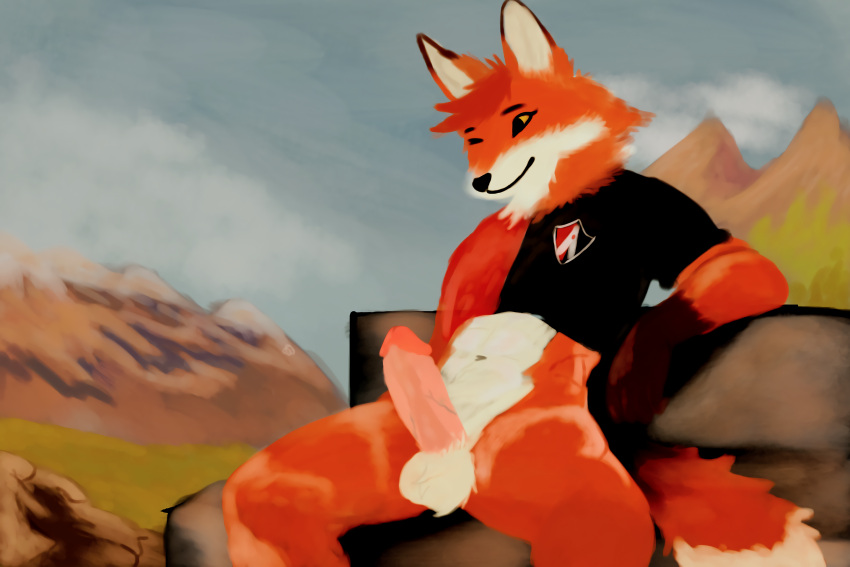 3:2 atlas_futbol_club canid canine erection exhibitionism fox foxstep fur fury_(disambiguation) genitals hi_res humanoid humanoid_genitalia humanoid_penis male male_only mammal orange_body orange_fur outside penis red_fox solo t-shirt_lift true_fox