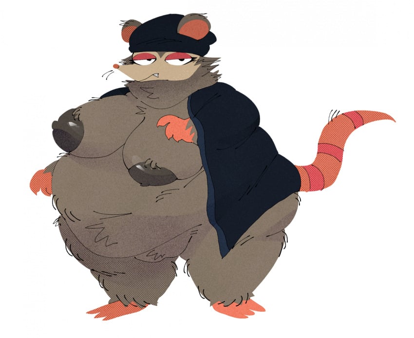 american_opossum anthro beanie belly big_belly big_breasts black_clothing breasts clothing female fur genitals grey_body grey_fur grey_nipples half-closed_eyes hat headgear headwear hi_res looking_at_viewer mammal marsupial narrowed_eyes navel nipples obese oshyfriend overweight overweight_anthro overweight_female possum_shopkeeper_(webfishing) pussy simple_background solo tail webfishing white_background