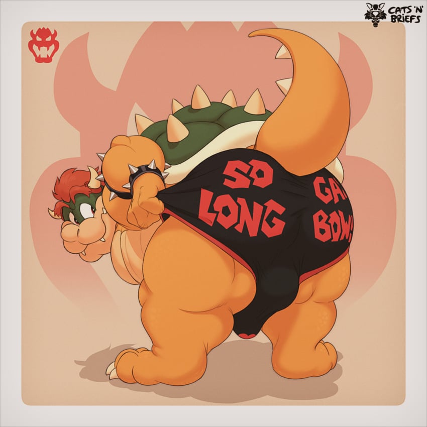 1:1 anthro ass belly bent_over bowser briefs cedamuc1 clothing erection erection_under_clothing hair hi_res horn koopa male mario_bros nintendo oiruse overweight presenting presenting_hindquarters red_hair scalie shell smile solo spiked_shell spikes spikes_(anatomy) tenting underwear