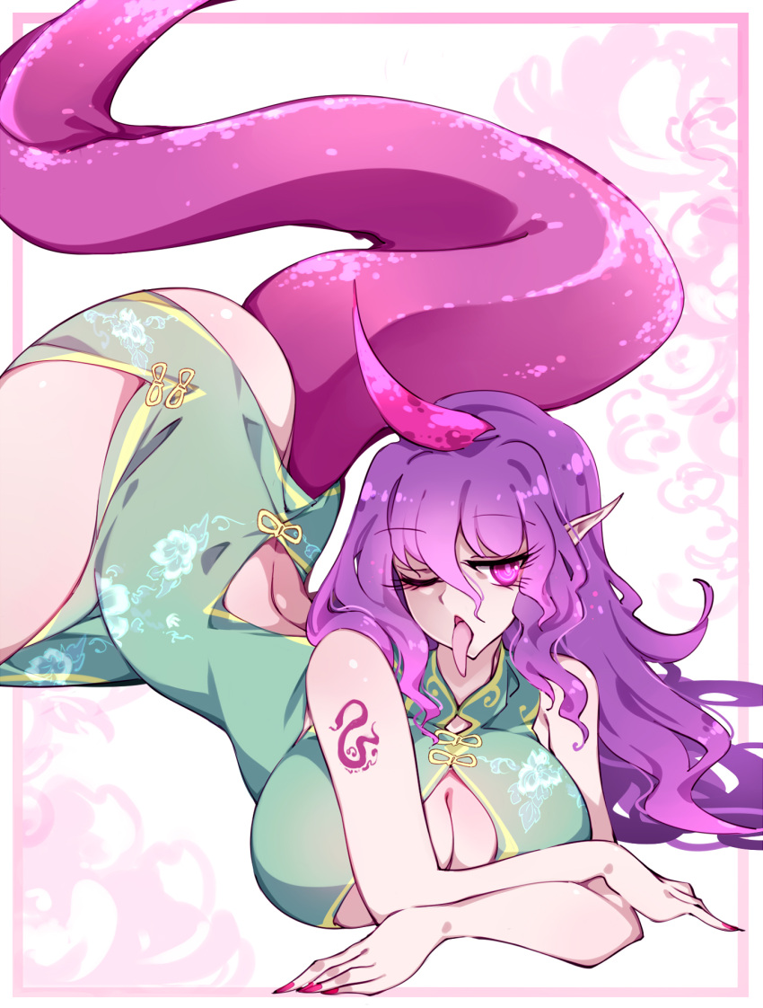 bent_over big_breasts large_breasts raptor7 solo_female tenkajin_chiyari tongue_out touhou wink