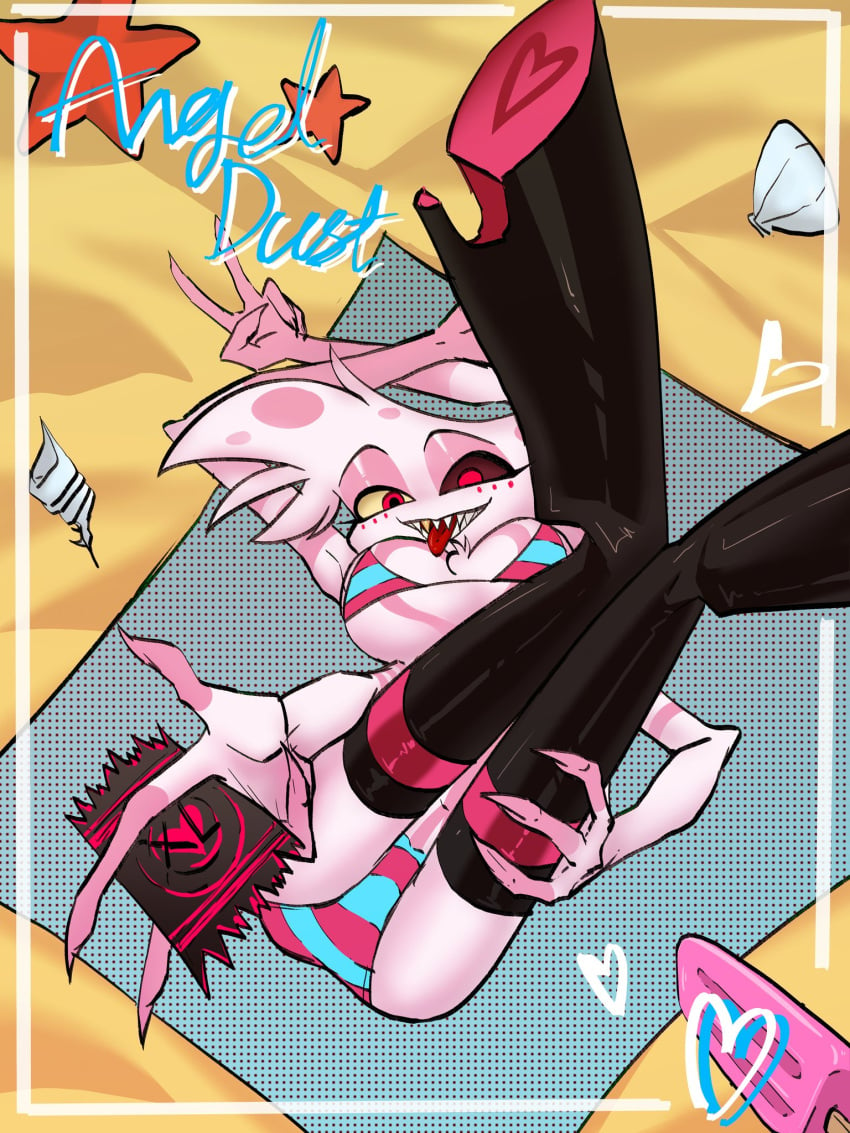 angel_dust angel_dust_(hazbin_hotel) beach beach_towel bikini condom condom_wrapper demon feet feet_up fluffy hazbin_hotel spider