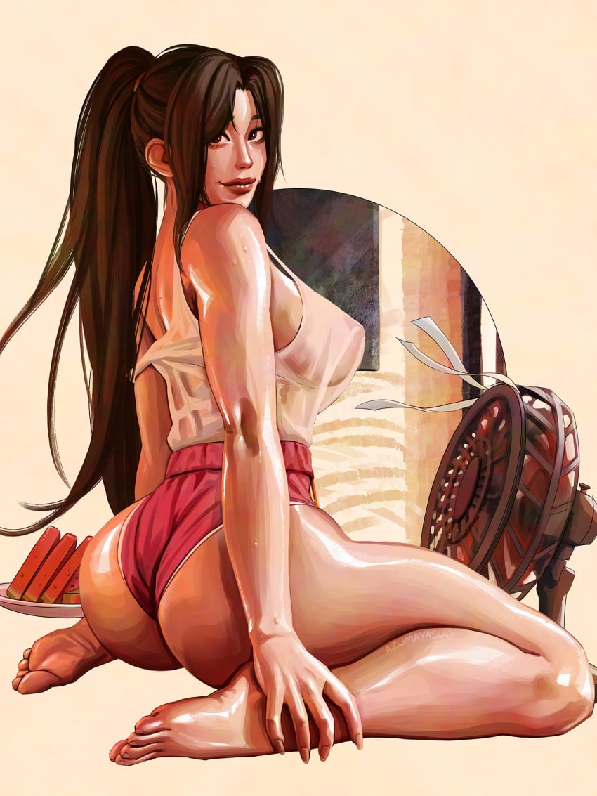 alternate_costume ass azuma_yasuo azumaarts back_view barefoot big_ass big_breasts breasts brown_hair casual casual_clothes fatal_fury feet female female_focus female_only king_of_fighters kneeling kneeling_female light-skinned_female light_skin long_hair looking_at_viewer looking_back mai_shiranui nipples nipples_visible_through_clothing pink_shorts see-through_clothing shirt shorts sideboob smiling_at_viewer snk soles solo solo_female sweat sweaty tagme thick_thighs three-quarter_view tied_hair toes top white_shirt wide_hips