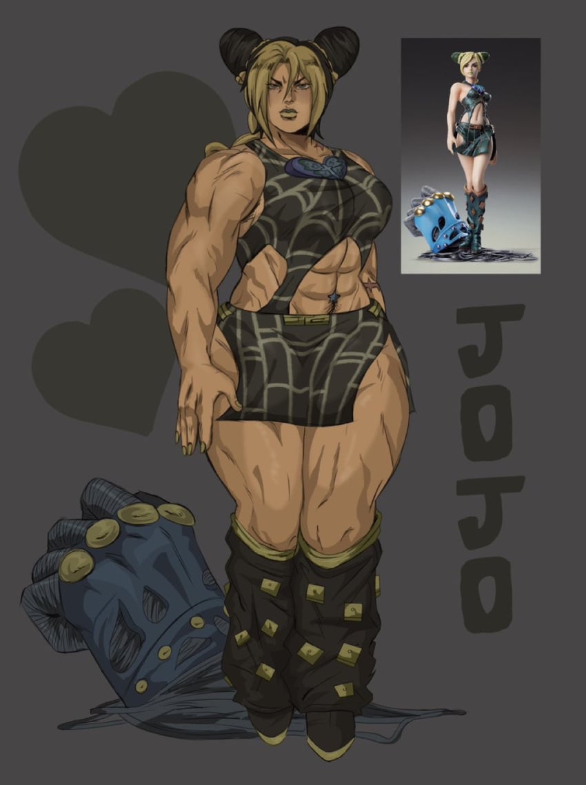 1girls bbw big_thighs female hyper hyper_muscles jojo&#039;s_bizarre_adventure jolyne_kujo josukeluver muscles navel pubic_hair reference_image simple_background solo solo_female stone_ocean thicc thick_thighs