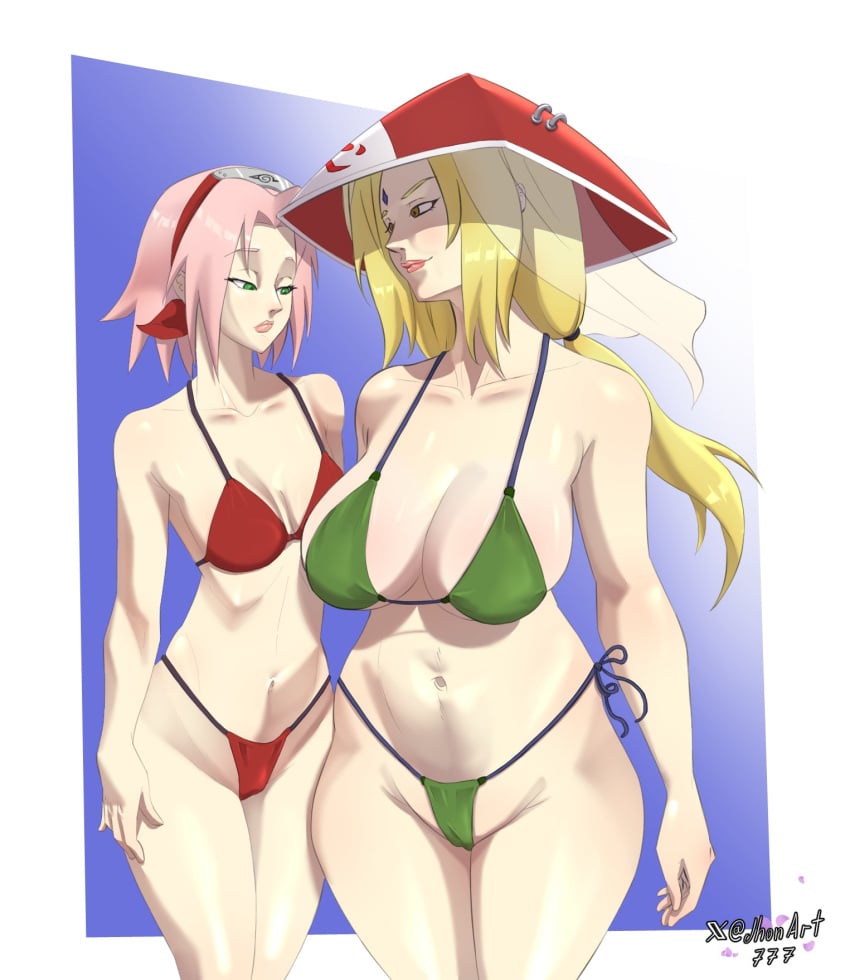 2girls alternate_version_available big_breasts bikini bikini_bottom bikini_top bottomwear breasts brown_eyes cleavage female female_only forehead_jewel green_eyes hair half-closed_eyes hat headband headwear hips huge_breasts jhonart777 lips looking_at_breasts mature mature_female mature_woman medium_breasts meme milf mother_daughter_boob_envy_(meme) naruto naruto_(series) pink_hair red_bikini sakura_haruno topwear tsunade wide_hips