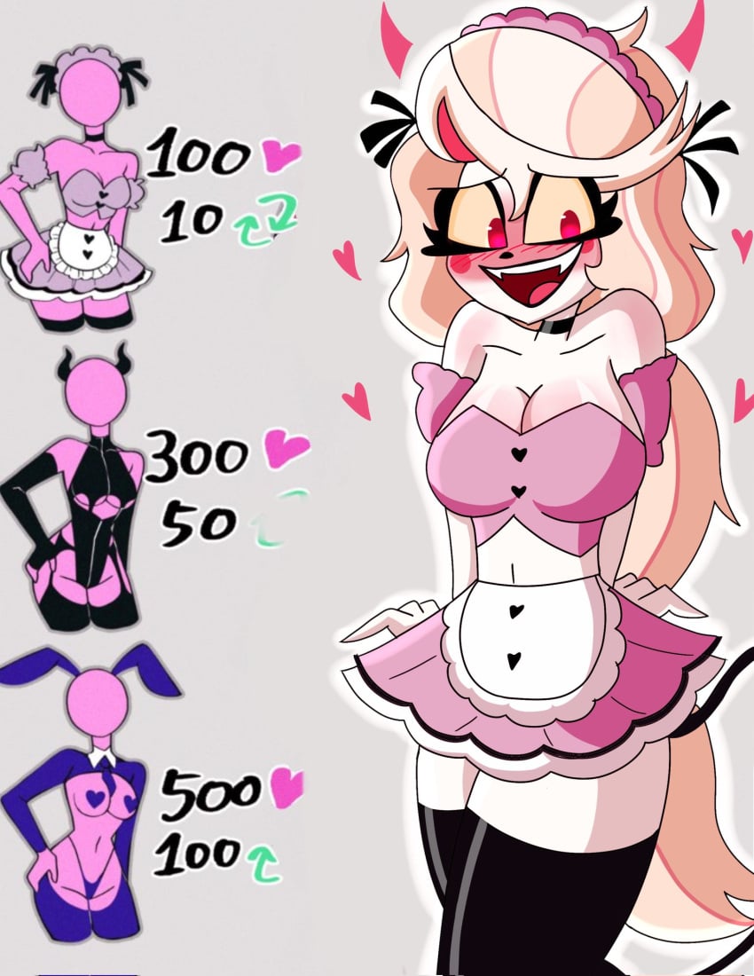 big_breasts blush charlie_morningstar charlie_morningstar_(hazbin_hotel) embarrassed hazbin_hotel maid_outfit maid_uniform pink_dress source_request strip_game the_titan_draw thighhighs