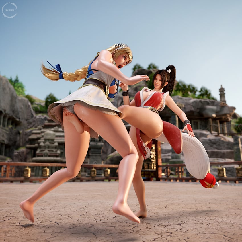 2girls 3d armor beach blonde_hair catfight cuntbusting fatal_fury female female_only femdom fighting fighting_game king_of_fighters mai_shiranui ryona sexfight snk sophitia_alexandra soul_calibur wafl4k wrestling wrestlingryona yuri