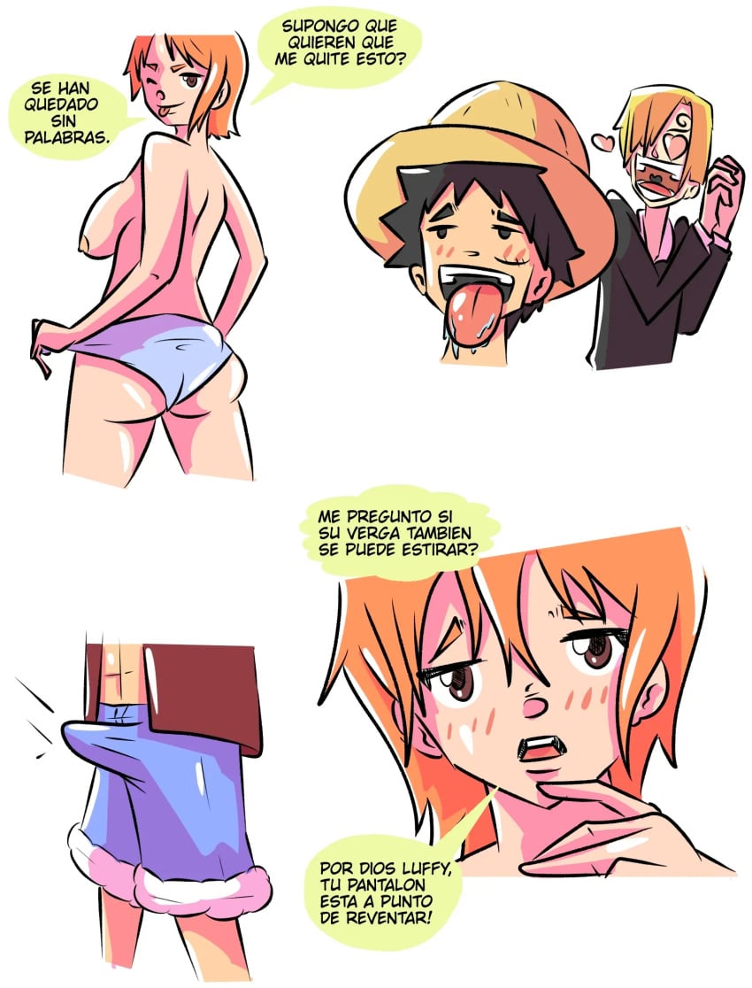 big_breasts bikini blush boner boner_in_pants clothing comic erect_penis erection fat_ass female legs levfreakartist1 male monkey_d_luffy nami nami_(one_piece) one_piece orange_hair pink_nipples short_hair side_tie_bikini simple_background smile spanish_text text vinsmoke_sanji white_background