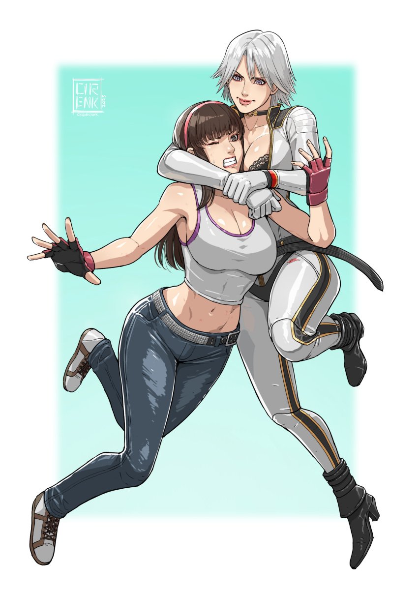 2girls breasts catfight christie_(doa) cirenk dead_or_alive fight fighting fighting_game grabbing hitomi_(doa) huge_breasts wrestling