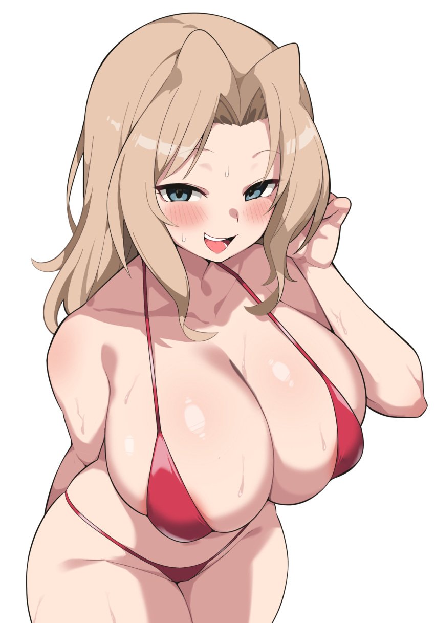 absurdres ass bikini blonde_hair blue_eyes breasts female girls_und_panzer highres kay_(girls_und_panzer) large_breasts long_hair looking_at_viewer red_bikini smile solo swimsuit thighhighs white_background white_thighhighs yabai_gorilla