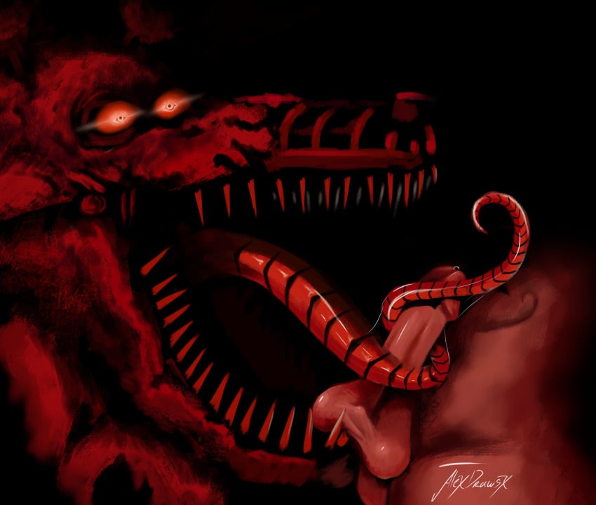 alexdrawsx duo feral five_nights_at_freddy's fnaf foxy_(fnaf) hi_res male male/male monster monster_tongue non-human scottgames tagme