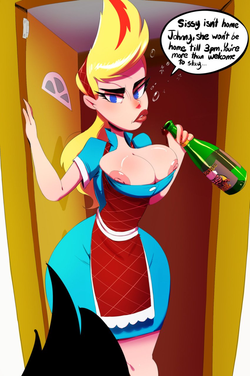 1girls 2016 alcohol apron areolae areolae_slip barely_contained blonde_hair blue_eyes breasts bursting_breasts cartoon_network door dress drink drunk drunk_bubble eyebrows eyelashes female female_focus human inebriated johnny_test johnny_test_(series) large_breasts lips lipstick long_hair looking_at_viewer milf mrs._blakely nipple_slip nipples nose overflowing_breasts shiny shiny_skin solo standing thehumancopier thick_lips unseen_male_face wardrobe_malfunction wine_bottle