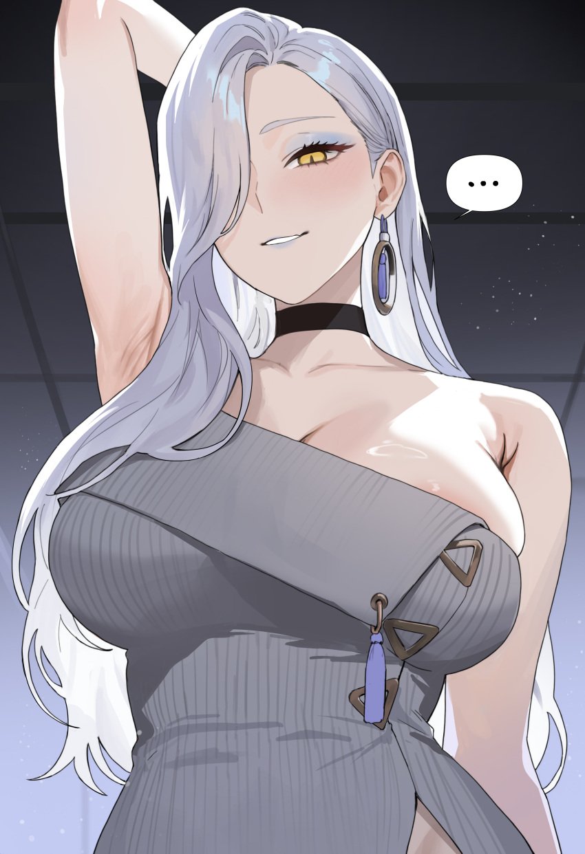 absurdres areola_slip arm_behind_head arm_up armpit_crease armpits black_choker blue_eyeshadow breasts ceiling choker cleavage dress earrings eyeshadow fate/grand_order fate_(series) female grey_dress hair_over_one_eye hebinyobo(fate_grand_order) highres jewelry large_breasts light-skinned_female light_skin long_hair looking_at_viewer makeup mokopan omi-san_(fate) slit_pupils solo speech_bubble spoken_ellipsis teeth tile_ceiling tiles upper_body white_hair yellow_eyes