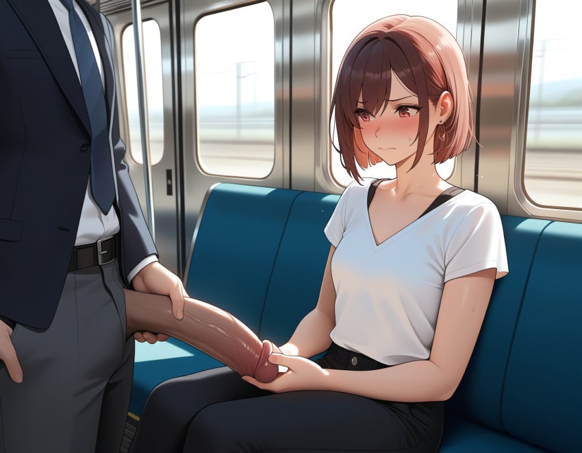 ai_generated big_penis embarrassed embarrassed_female exhibitionism exhibitionist exposed_penis flashing_penis huge_cock huge_cock sexual_harassment small_breasts touching_penis train_interior