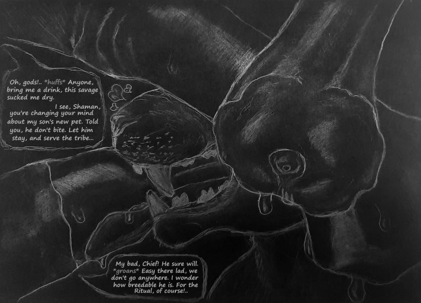 animal_genitalia animal_penis anthro black_body black_penis black_tongue bodily_fluids cum_feeding drooling english_text equine_genitalia equine_penis felid fellatio food food_fetish food_play genitals graphite_(artwork) group hi_res male male/male mammal monochrome oral pantherine penile penis penis_bite penis_in_mouth penis_on_face power_bottom predator/prey rhymald rhymald_(rhymald) saliva saliva_on_penis sex text tiger tongue traditional_media_(artwork)