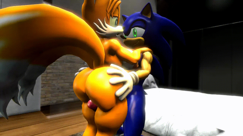 2017 3d animated anthro ass bed big_butt big_penis black_nose blue_eyes butt_grab canine clothing darksorm dipstick_tail duo erection female fox genderswap gloves green_eyes hand_on_ass hedgehog huge_butt looking_back male mammal multicolored_tail nude penis rule_63 sex smile sonic_(series) sonic_the_hedgehog straight tails tailsko thick_thighs thigh_sex video_games wide_hips