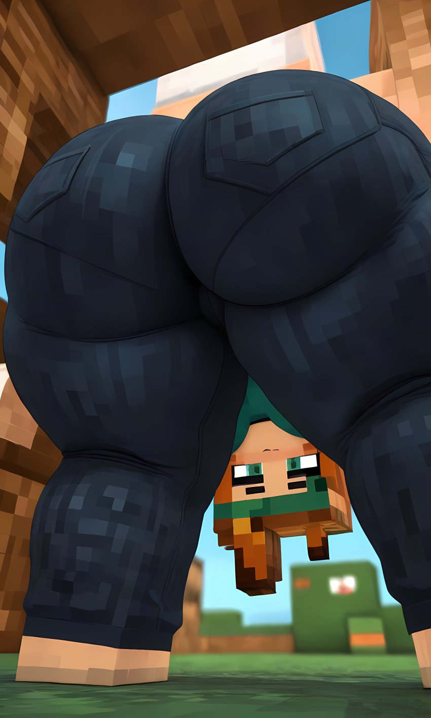 ai_generated big_ass green_eyes huge_ass jeans lalass looking_at_viewer minecraft orange_hair upside-down