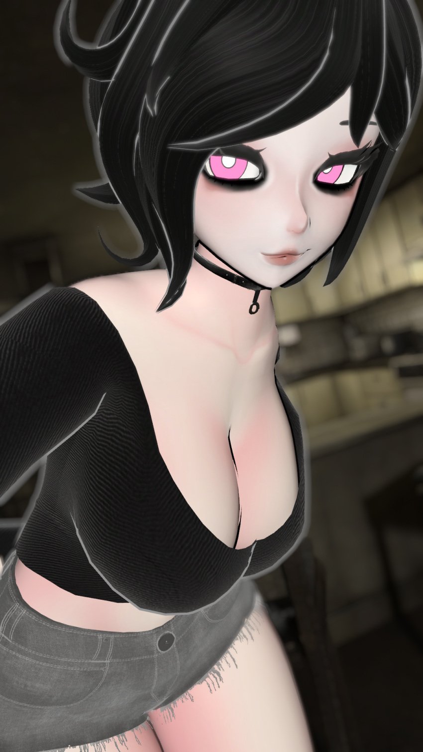 ashley_graves black_hair cleavage kallylady leaning_forward messy messy_hair messy_ponytail pink_eyes ponytail the_coffin_of_andy_and_leyley visible_breasts vrchat