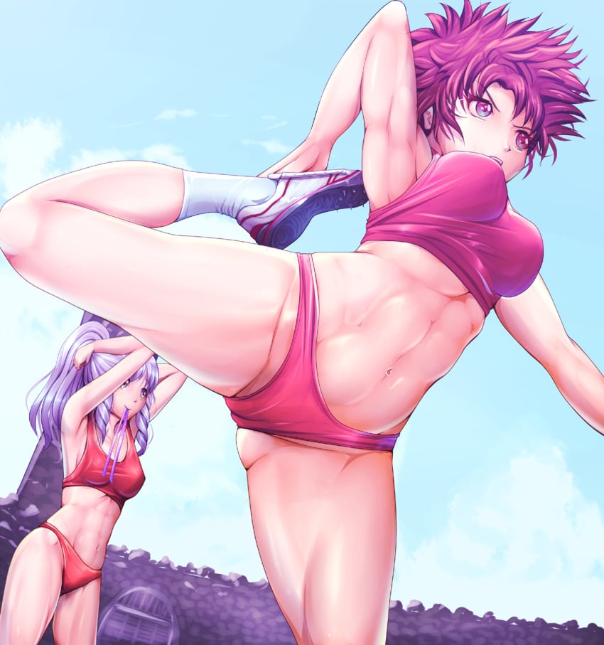 2girls abs armpits breasts buruma cloud day fire_emblem fire_emblem_awakening flexible harihisa highres leg_lift long_hair medium_breasts multiple_girls muscular navel nintendo ponytail purple_hair red_hair short_hair sky socks sports_bra stretching sully_(fire_emblem) sumia_(fire_emblem) thighs toned toned_female white_legwear