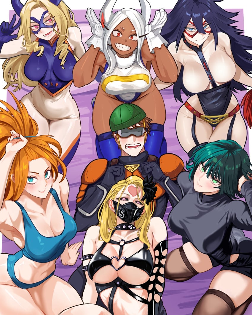 1boy 6+girls black_hair black_sclera blonde_hair breasts captain_mizuki clothed crossover dark-skinned_female dark_skin fubuki_(one-punch_man) harem horns huge_breasts kaijin_hime_do-s large_breasts long_hair mask midnight_(my_hero_academia) miruko mount_lady multiple_girls mumen_rider my_hero_academia one-punch_man orange_hair rabbit_ears rabbit_girl rabbit_pose red_eyes revealing_clothes underboob vlizz white_hair