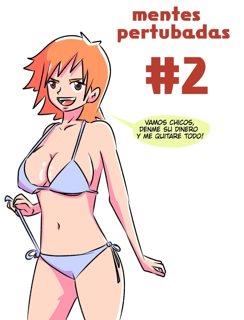 1girls big_breasts bikini legs levfreakartist1 nami one_piece orange_hair short_hair side-tie_bikini simple_background solo spanish_text undressing white_background wide_hips