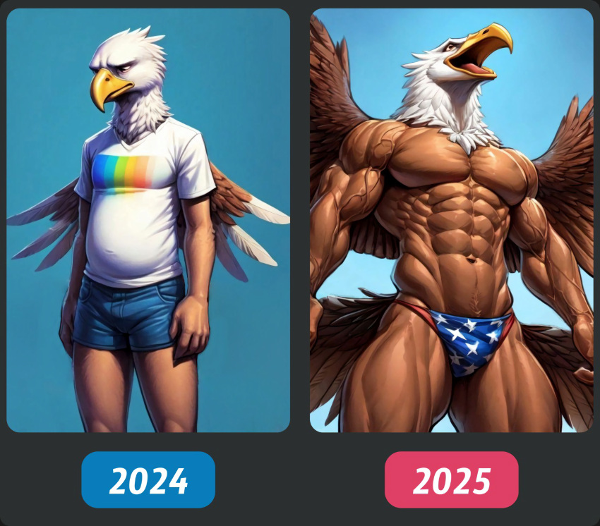 abs accipitrid accipitriform ai_generated american_eagle anthro athletic athletic_anthro athletic_male avian bald_eagle beak biceps big_muscles bird birdovo bottomwear brown_body clothing eagle feathers growth lgbt_pride make_america_great_again male muscle_growth muscular muscular_anthro muscular_male pecs politics sea_eagle shirt shorts solo t-shirt tail_feathers topwear transformation triceps underwear united_states_of_america vein veiny_biceps veiny_muscles wings