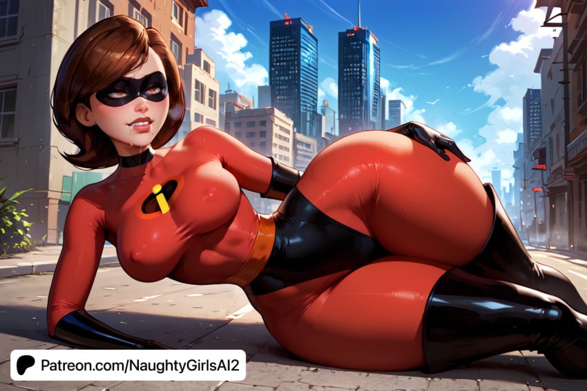 ai_generated big_ass blue_sky bodysuit boots breasts brick_wall brown_eyes brown_hair building castle choker city cityscape cloud cloudy_sky covered_nipples curvy dark_skin day disney domino_mask elastigirl female gigantic_ass helen_parr house large_ass lips looking_at_viewer lying mask mature mature_female medium_breasts milf naughtygirlsai outdoors pixar public_indecency road rooftop short_hair skin_tight sky skyline skyscraper solo street superhero the_incredibles the_incredibles_2 thick_thighs thigh_boots thighhighs thighs tower town wide_hips