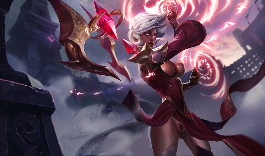 1girls boots breasts conqueror_karma dress esports_series female female_only fingerless_gloves gloves glowing glowing_eyes highres karma_(league_of_legends) large_breasts large_filesize league_of_legends legwear magic nipples pubic_hair pussy scar short_hair silver_hair solo standing thigh_boots thighhighs white_hair world_championship_(league_of_legends)