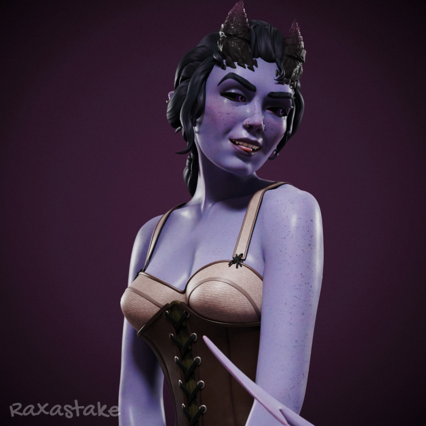 3d 3d_(artwork) black_eyes blue_skin blue_tail corset ear_piercing earrings eyebrow_piercing female_only freckles freckles_on_face freckles_on_shoulders glowing_eyes hair_tied_back head_turned horns looking_back_at_viewer messy_hair nose_ring piercings purple_background purple_eyes purple_lips raxastake sharp_teeth simple_background tagme tail teeth tiefling