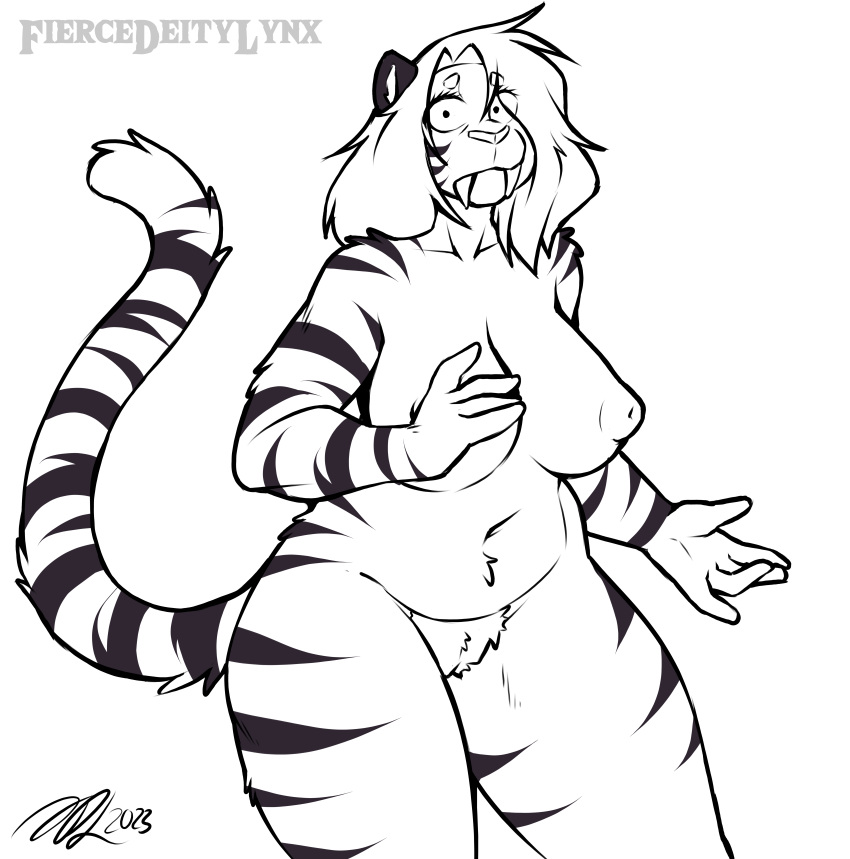 2023 absurd_res anthro anthro_only artist_name ass belly_tuft big_breasts big_butt breasts curvy_figure eye_through_hair eyebrow_through_hair eyebrows eyelashes fangs felid female fiercedeitylynx genitals hair hi_res long_hair looking_at_viewer luca_(fiercedeitylynx) mammal mature_female monochrome navel nipples nude prehistoric_species pubes pussy raised_tail saber-toothed_tiger sabertooth_(anatomy) signature simple_background slightly_chubby slightly_chubby_anthro slightly_chubby_female solo standing tail teeth text thick_thighs translucent translucent_hair tuft voluptuous