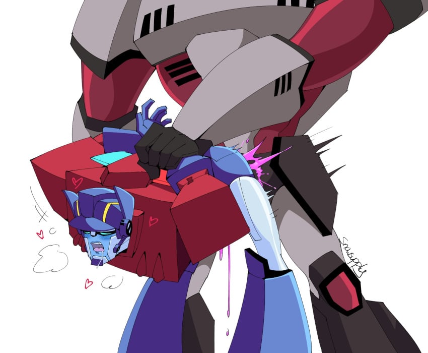 backshot bent_over blush cum_drip cum_dripping_from_pussy cum_overflow drooling gay hand_behind_back hand_held male male_only megatron non-human optimus_prime rough_sex snowydroop standing_sex thrusting transformers transformers_animated unusual_cum yaoi