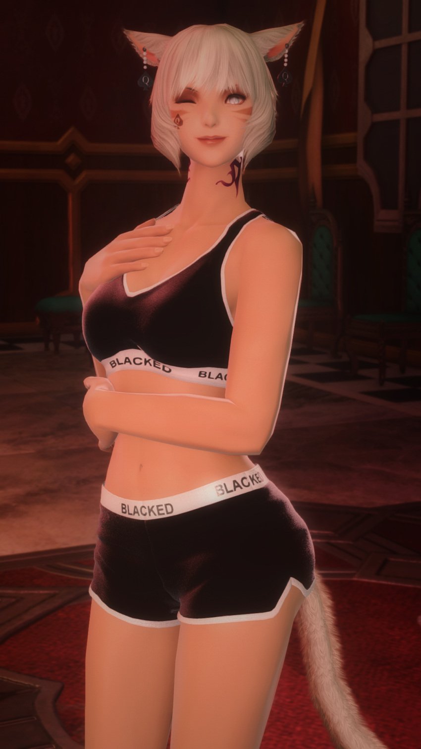 3d blacked blacked_clothing cat_ears cat_tail earrings face_tattoo final_fantasy final_fantasy_xiv gpose(ffxiv) hi_res lewdranger miqo'te one_eye_closed qos_tattoo queen_of_spades sports_bra sportswear square_enix tattoo white_eyes white_hair wink wink_at_viewer y'shotla