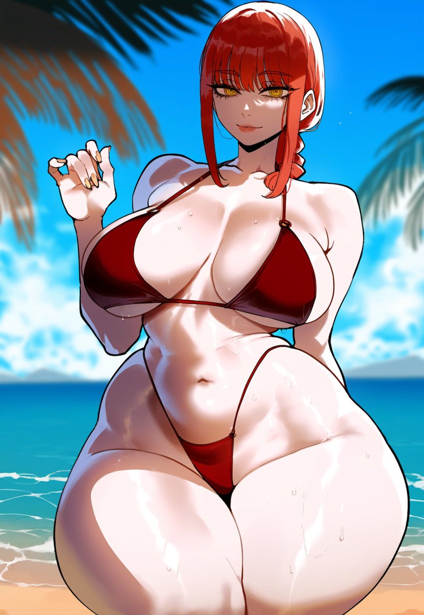 ai_generated arm_behind_back ass ass_focus beach big_ass big_breasts big_butt big_thighs bikini chainsaw_man curvy curvy_female curvy_figure dijiai focus from_front_position front_view highleg highleg_bikini hourglass_figure looking_at_viewer makima_(chainsaw_man) mommy ocean outdoors palm_tree ringed_eyes round_ass round_butt seductive seductive_look seductive_smile thiccwithaq_(ai_style) thick thick_ass thick_butt thick_legs thick_thighs thighs wide_hips yellow_eyes