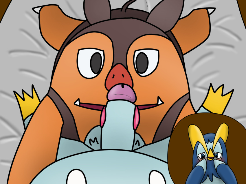 4:3 ariel1607 avian balls beak bed blue_body blue_eyes blush digital_media_(artwork) duo erection fellatio first_person_view flustered flustered_male furniture generation_4_pokemon generation_5_pokemon genitals hi_res licking lying male male/male male_pov mammal nintendo on_bed on_front open_mouth oral orange_body penile penis penis_lick pignite pokemon pokemon_(species) prinplup sex sitting sitting_on_bed suine tail tongue tongue_out