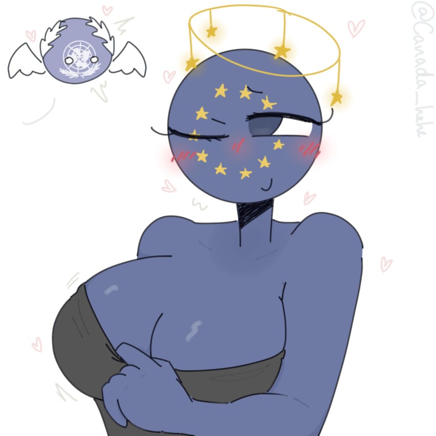 1boy 1girls big_breasts black_clothing blue_body blue_eyes blue_skin blush countryballs countryhumans countryhumans_girl european_union_(countryhumans) halo semi_nude smile united_nations_(countryhumans) white_background wink xx.canada.xx