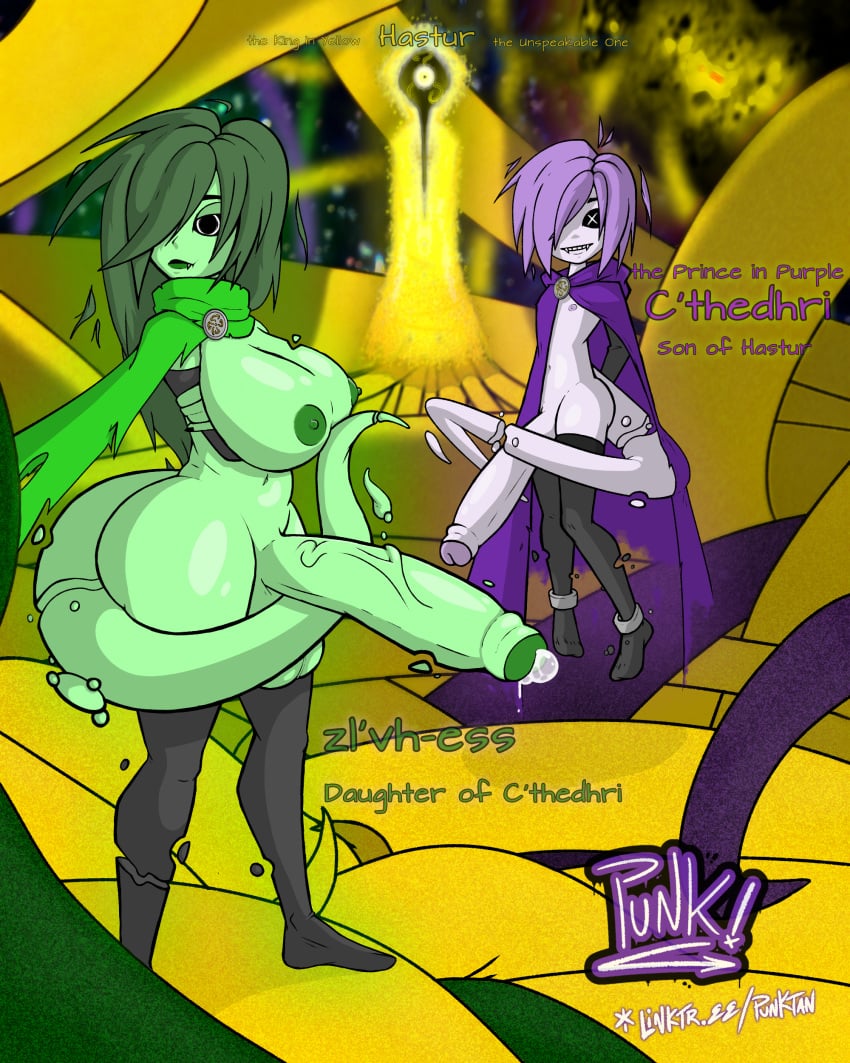 alien alien_humanoid big_ass big_breasts dickgirl eldritch_being family femboy futanari green_body green_hair green_skin hastur hastur_the_king_in_yellow_(h.p._lovecraft) huge_ass huge_breasts huge_cock oc original_character original_characters precum punk-tan purple_body purple_hair purple_skin tentacle tentacle text