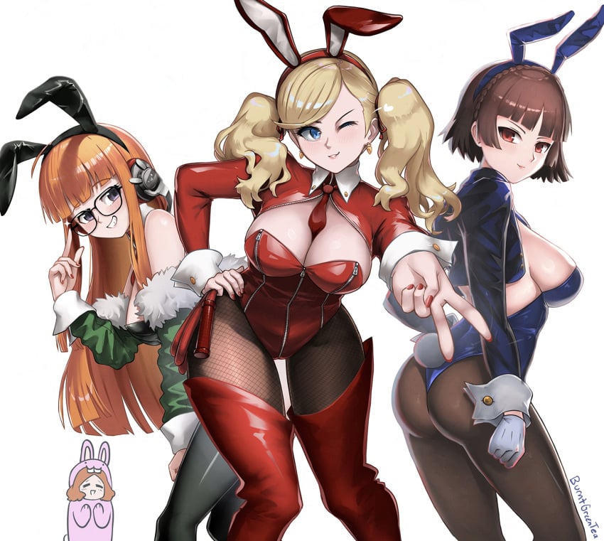 4girls ann_takamaki ass atlus big_breasts blonde_hair blue_eyes breasts brown_hair bunny_ears bunny_girl bunnysuit burnt_green_tea clothed_female female female_focus female_only glasses haru_okumura long_hair makoto_niijima orange_hair persona persona_5 phantom_thief_suit purple_eyes red_eyes red_nail_polish red_nails sakura_futaba sega short_hair smiling solo solo_female stockings tagme