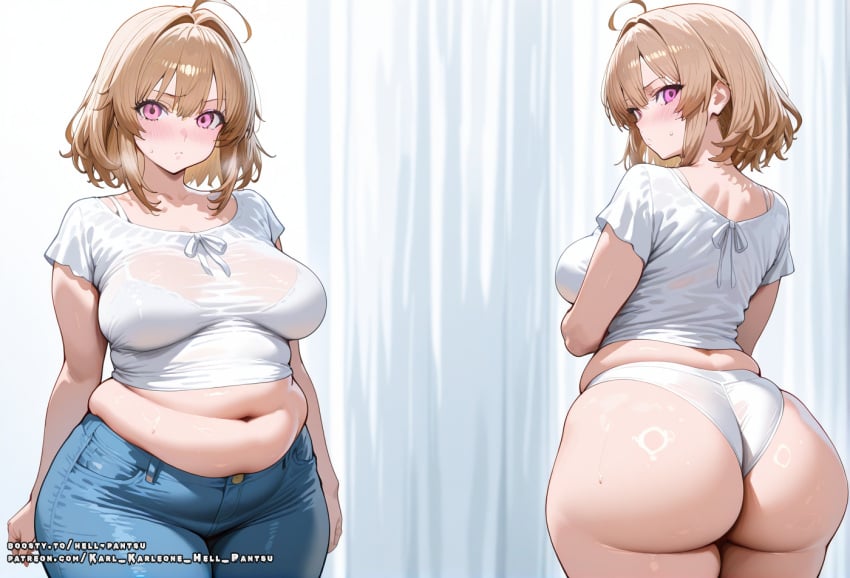 ai_generated big_ass big_breasts blonde_hair fat female hell-pantsu pink_eyes solo thick_thighs wet_body