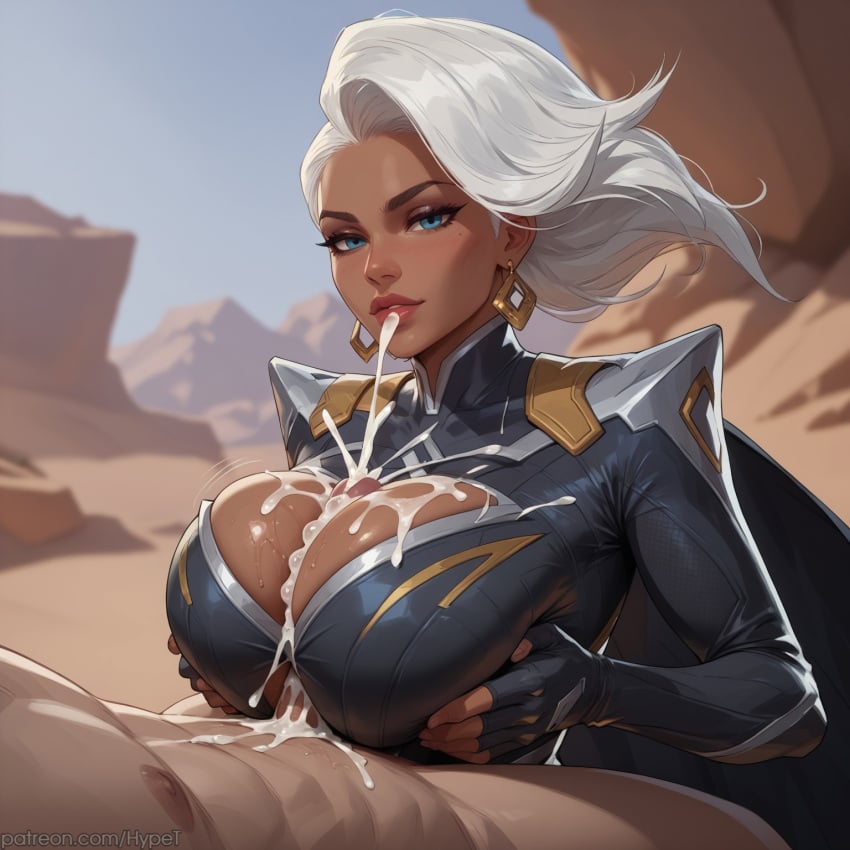 ai_generated alternate_version_at_source blue_eyes cum cumming dark-skinned_female desert female female hypet marvel marvel_rivals medium_breasts paizuri sex storm_(marvel_rivals) storm_(x-men) suit thick thick_thighs thigh_highs thighs tight_clothing video_game_character white_hair