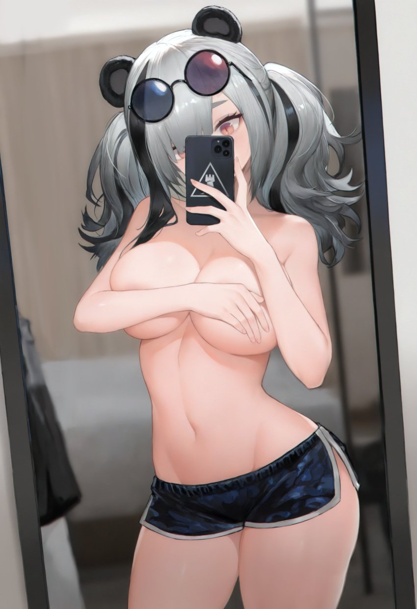 ai_assisted ai_generated arknights cleavage covering covering_breasts covering_nipples feater_(arknights) female indoors midriff mirror mirror_selfie muchdoge selfie shorts solo thighs